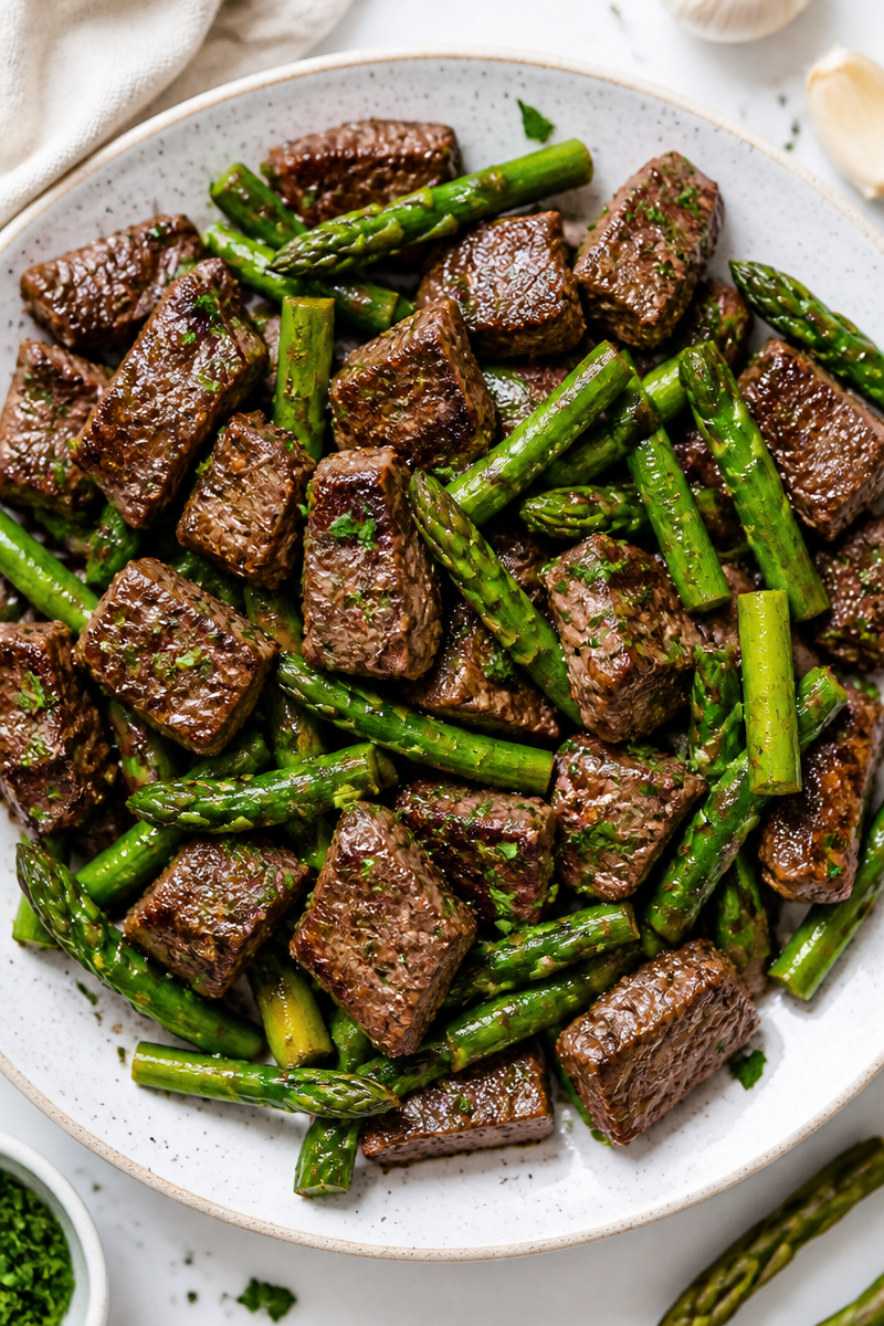 Juicy Garlic Butter Steak Bites with Asparagus