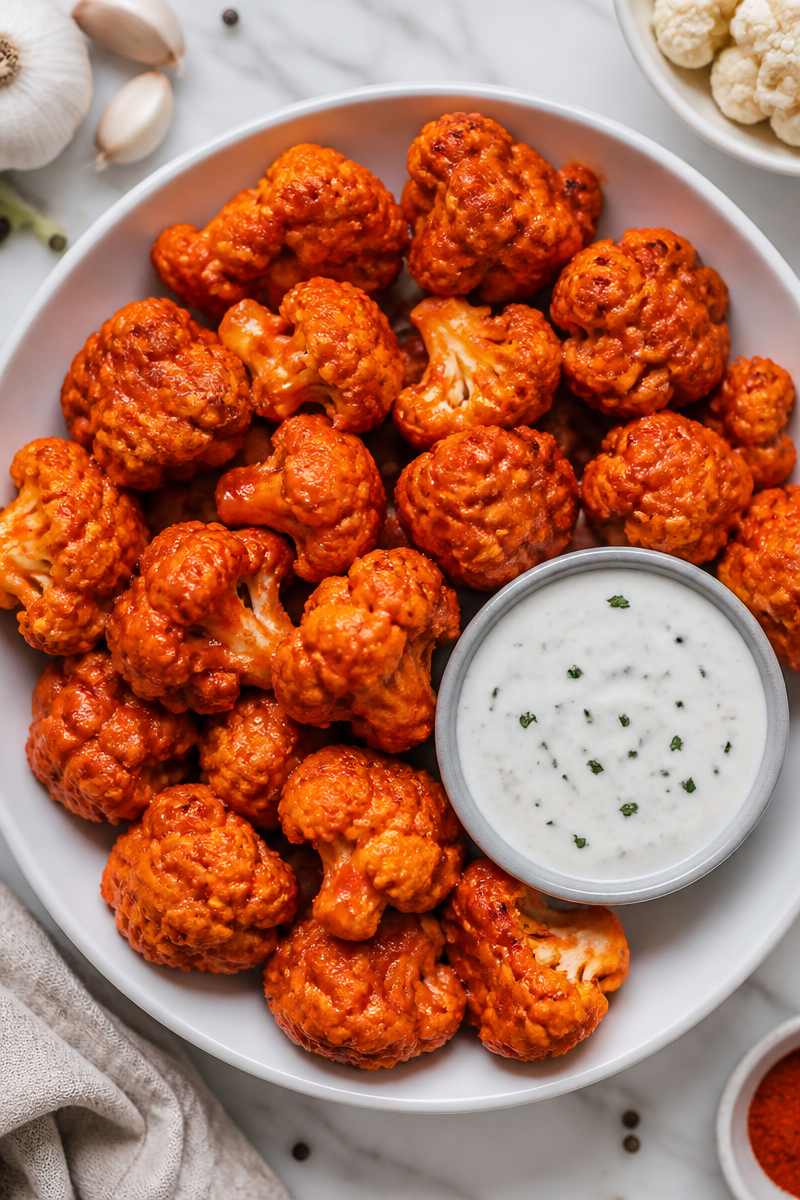 Crispy Buffalo Cauliflower Bites with Ranch Dip