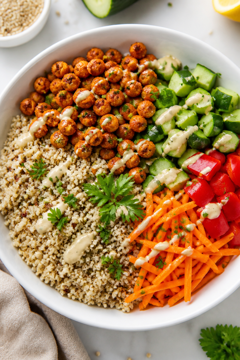 Healthy Quinoa Bowl with Roasted Chickpeas and Tahini