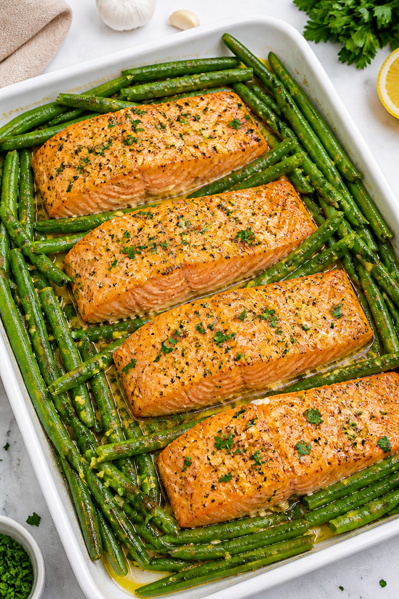 Sheet Pan Garlic Butter Salmon and Green Bean