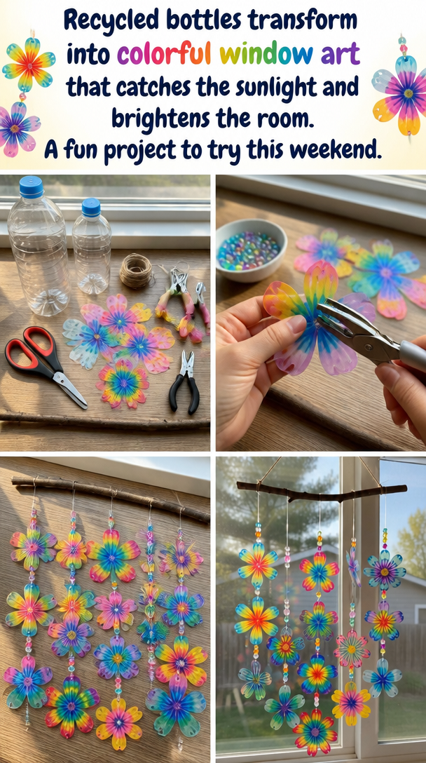 Recycled bottles transform into colorful window art that catches the sunlight and brightens the room. A fun project to try this weekend.