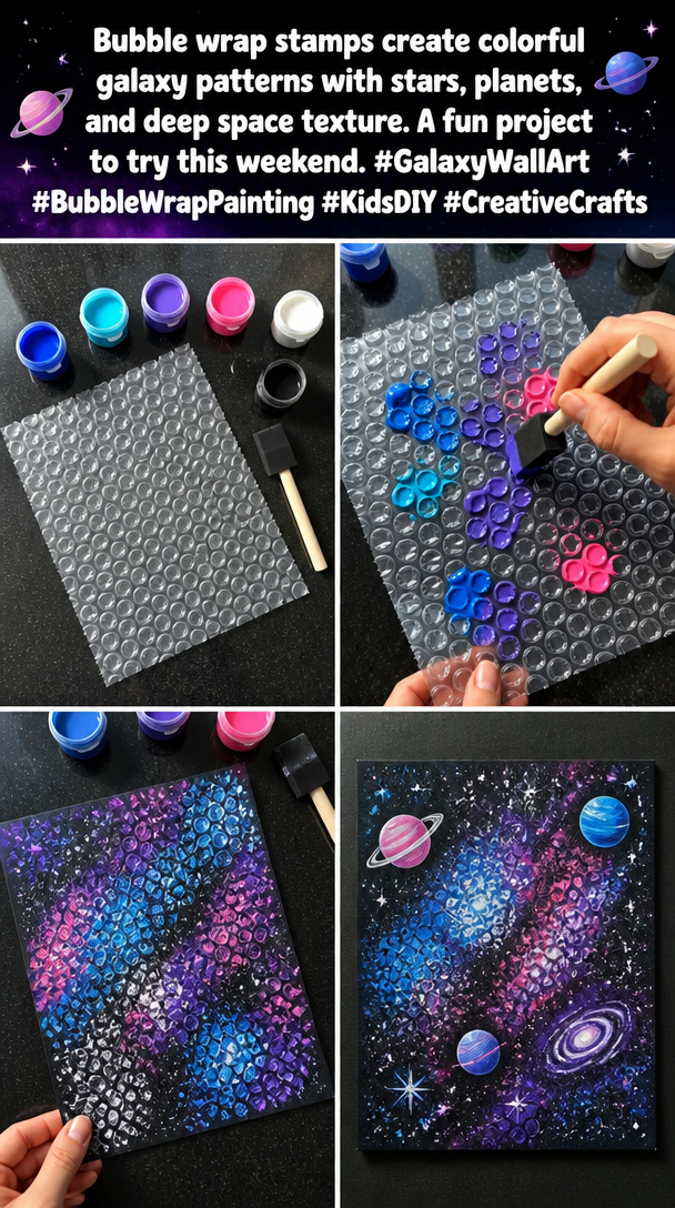 Bubble wrap stamps create colorful galaxy patterns with stars, planets, and deep space texture. A fun project to try this weekend. #GalaxyWallArt #BubbleWrapPainting #KidsDIY #CreativeCrafts