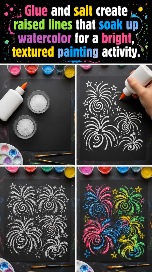 Glue and salt create raised lines that soak up watercolor for a bright, textured painting activity.