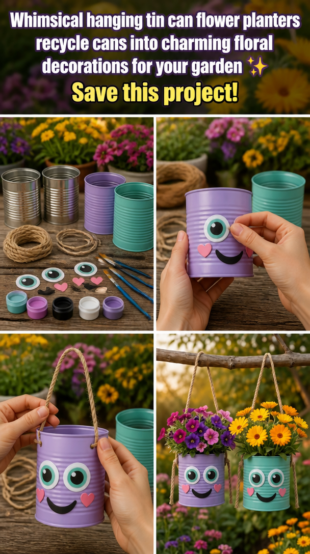 Whimsical hanging tin can flower planters recycle cans into charming floral decorations for your garden ✨ Save this project!