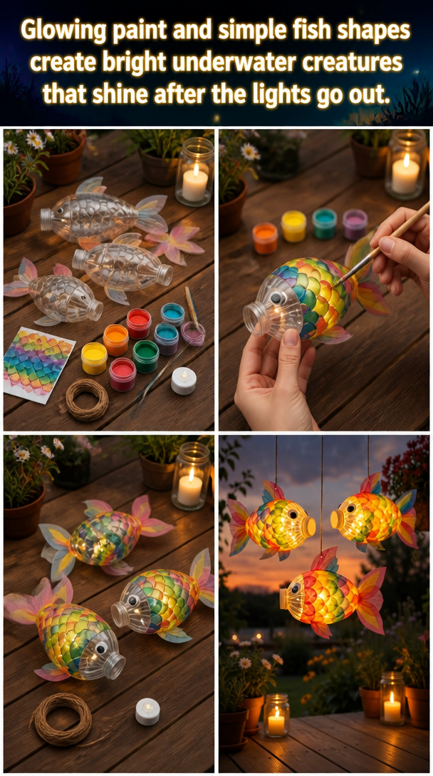 Glowing paint and simple fish shapes create bright underwater creatures that shine after the lights go out.
