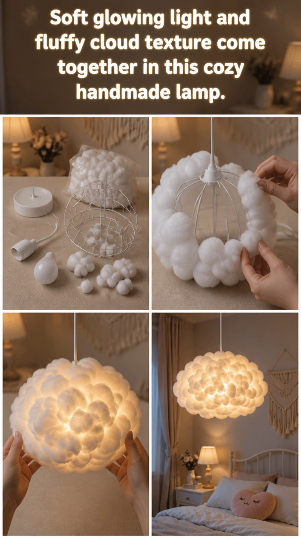 Soft glowing light and fluffy cloud texture come together in this cozy handmade lamp.