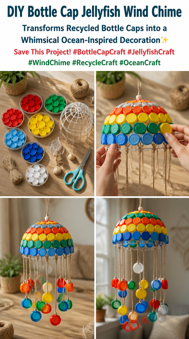DIY Bottle Cap Jellyfish Wind Chime Transforms Recycled Bottle Caps into a Whimsical Ocean-Inspired Decoration✨ Save This Project! #BottleCapCraft #JellyfishCraft #WindChime #RecycleCraft #OceanCraft