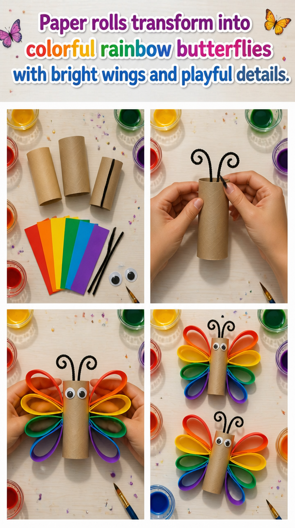 Paper rolls transform into colorful rainbow butterflies with bright wings and playful details.