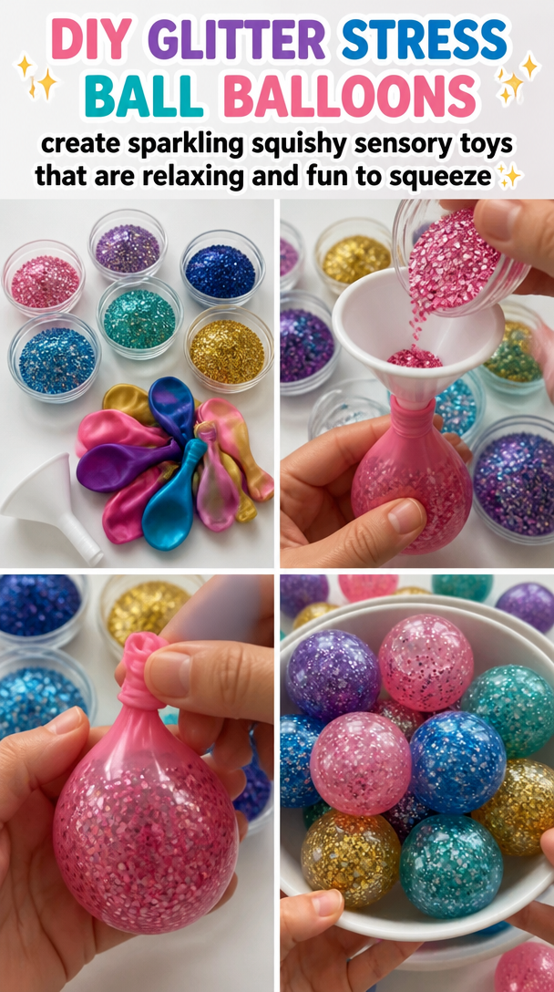 DIY glitter stress ball balloons create sparkling squishy sensory toys that are relaxing and fun to squeeze ✨ Save this project! #StressBallDIY #SensoryPlay #GlitterCraft #CreativeKids #DIYFun #Handm...