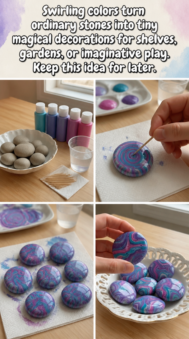 Swirling colors turn ordinary stones into tiny magical decorations for shelves, gardens, or imaginative play. Keep this idea for later.