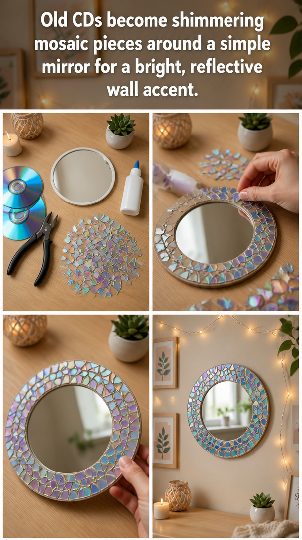 Old CDs become shimmering mosaic pieces around a simple mirror for a bright, reflective wall accent.