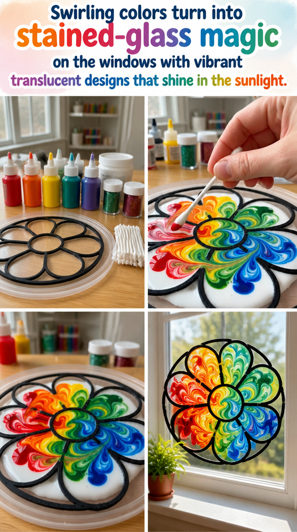 Swirling colors turn into stained-glass magic on the windows with vibrant translucent designs that shine in the sunlight.