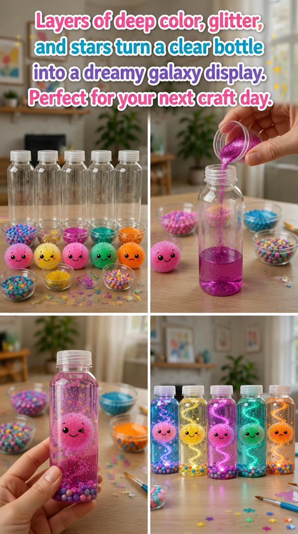 Layers of deep color, glitter, and stars turn a clear bottle into a dreamy galaxy display. Perfect for your next craft day.