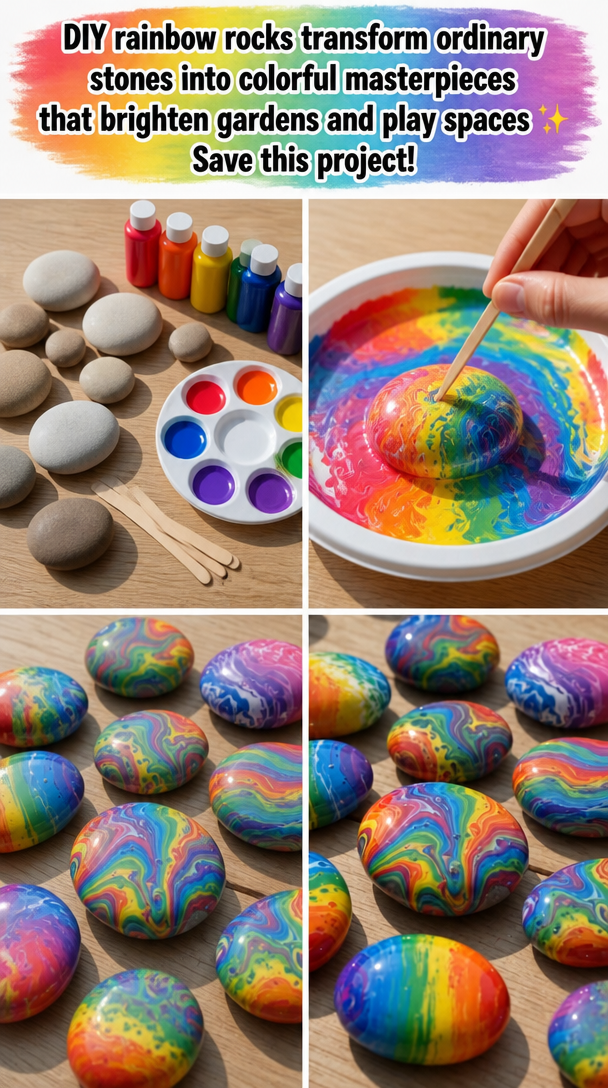 DIY rainbow rocks transform ordinary stones into colorful masterpieces that brighten gardens and play spaces ✨ Save this project!