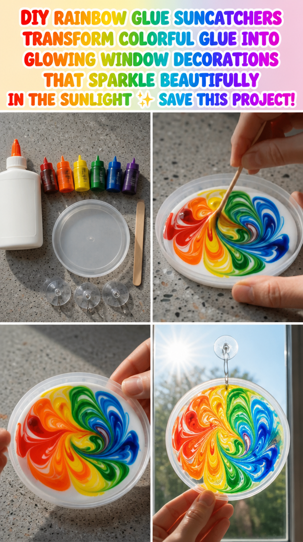 DIY rainbow glue suncatchers transform colorful glue into glowing window decorations that sparkle beautifully in the sunlight ✨ Save this project!