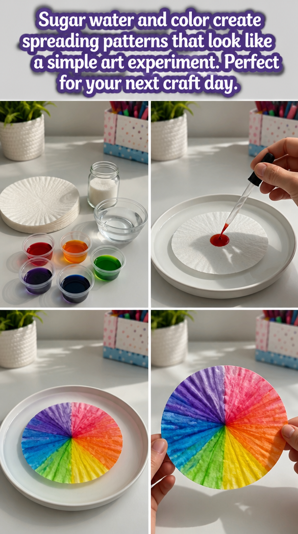 Sugar water and color create spreading patterns that look like a simple art experiment. Perfect for your next craft day.