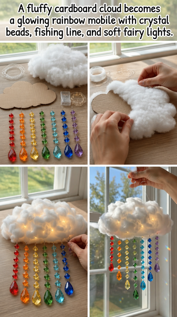 A fluffy cardboard cloud becomes a glowing rainbow mobile with crystal beads, fishing line, and soft fairy lights.