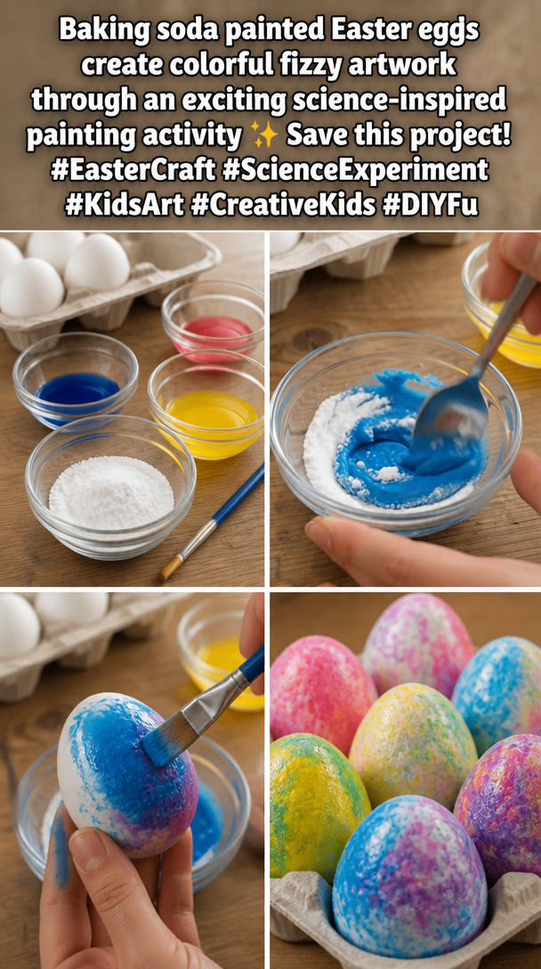 Baking soda painted Easter eggs create colorful fizzy artwork through an exciting science-inspired painting activity ✨ Save this project! #EasterCraft #ScienceExperiment #KidsArt #CreativeKids #DIYFu