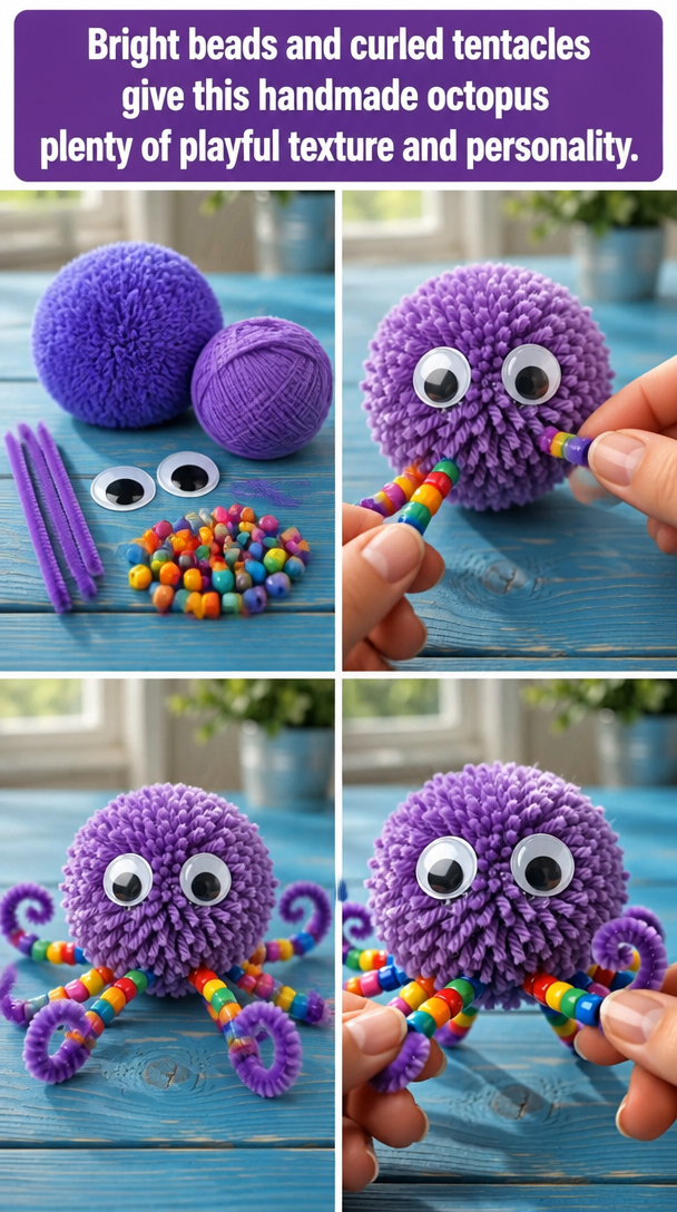 Bright beads and curled tentacles give this handmade octopus plenty of playful texture and personality.