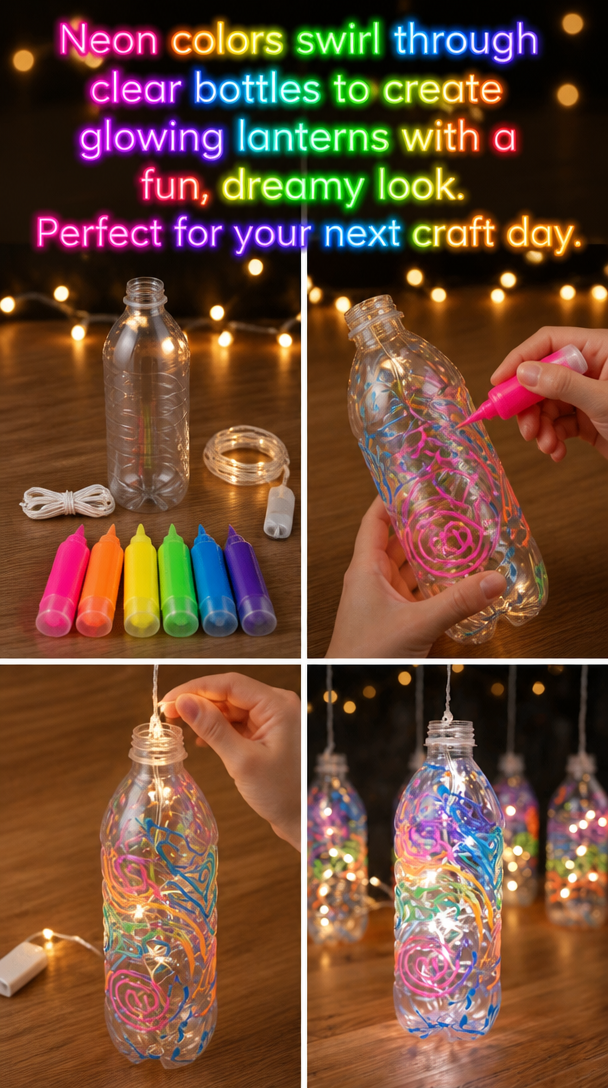 Neon colors swirl through clear bottles to create glowing lanterns with a fun, dreamy look. Perfect for your next craft day.