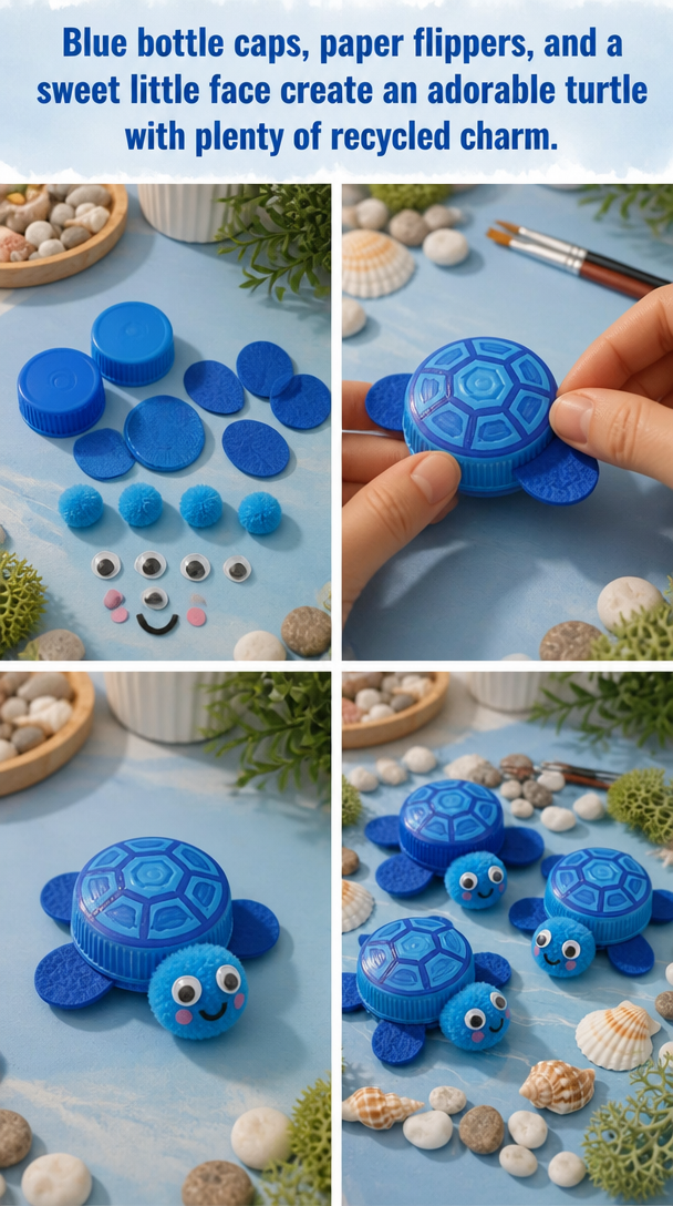 Blue bottle caps, paper flippers, and a sweet little face create an adorable turtle with plenty of recycled charm.