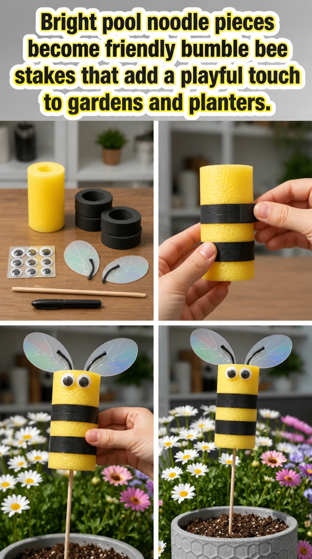 Bright pool noodle pieces become friendly bumble bee stakes that add a playful touch to gardens and planters.