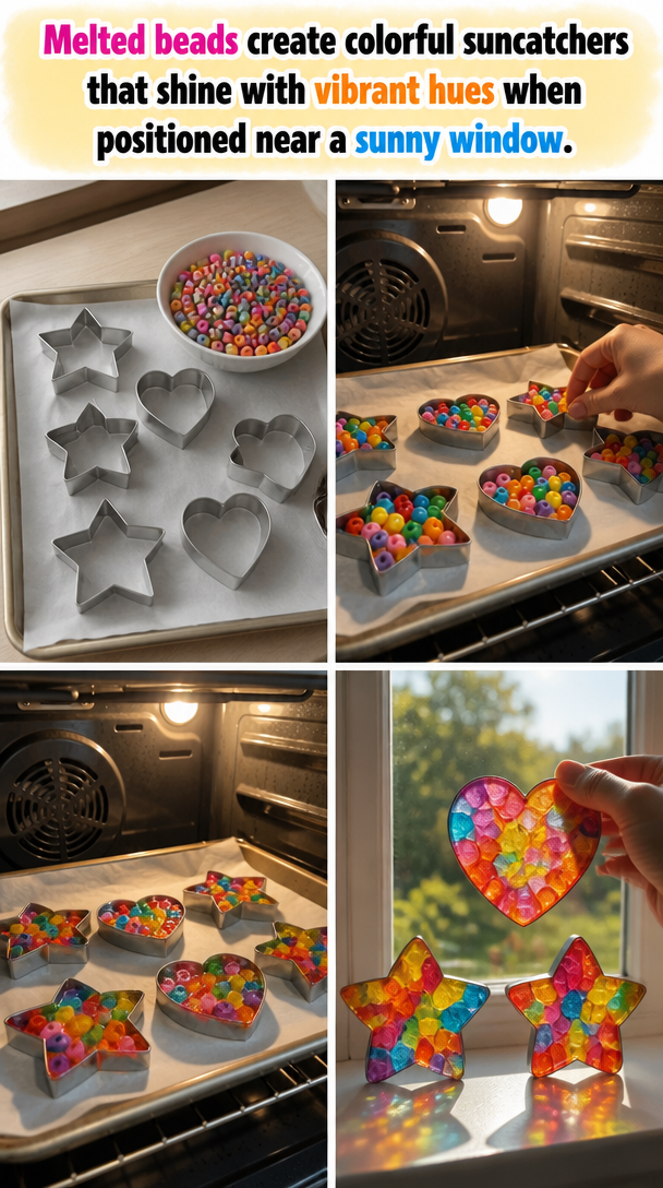 Melted beads create colorful suncatchers that shine with vibrant hues when positioned near a sunny window.