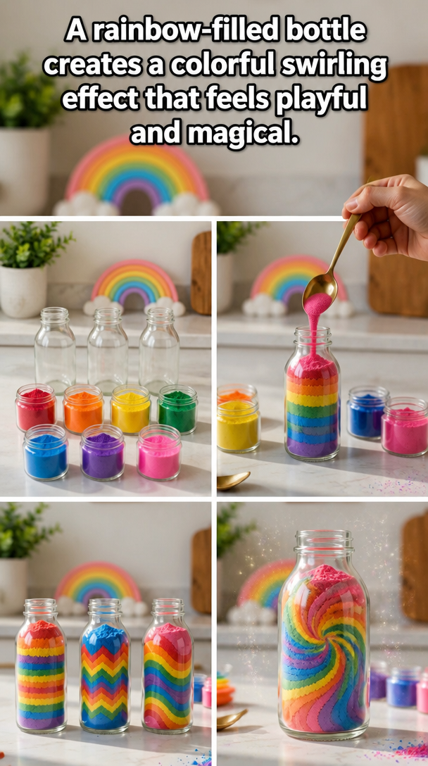 A rainbow-filled bottle creates a colorful swirling effect that feels playful and magical.