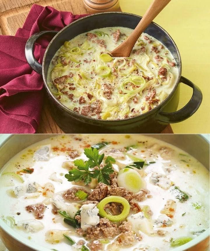 Deutsche Käse- und Lauchsuppe mit Hackfleisch