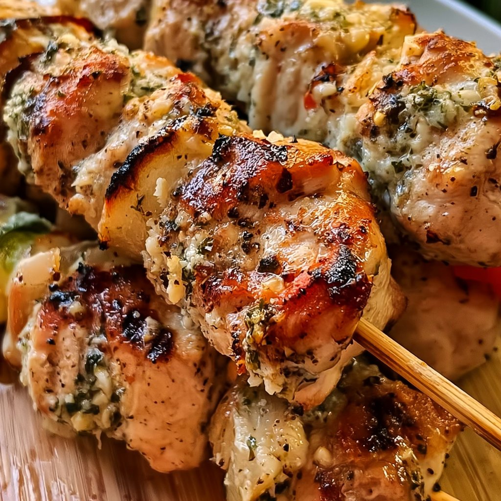 Herzhafte Knoblauch-Parmesan-Hühnchenspieße