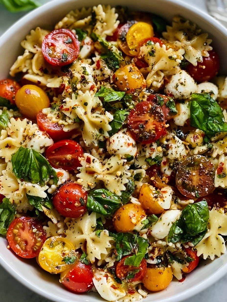 Ensalada de Pasta con Bruschetta y Bolitas de Mozzarella Mini.