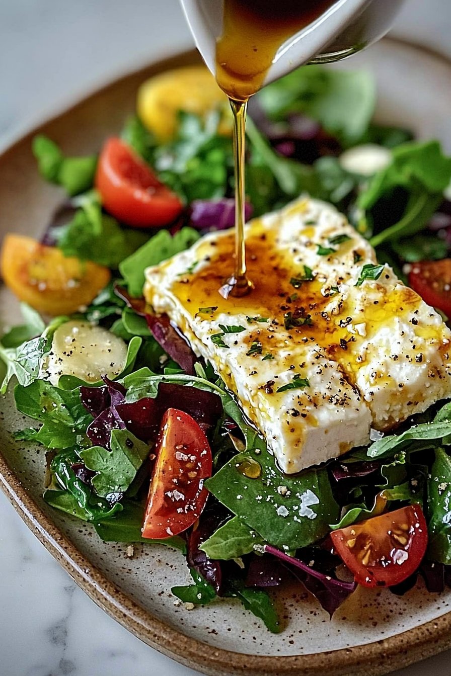 Gebackener Feta auf gemischtem Salat mit Honigdressing