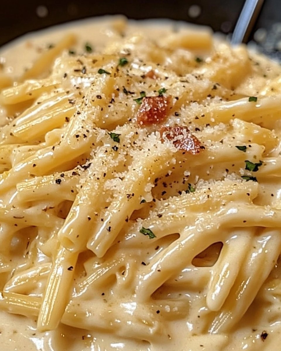 Ein Topf cremige Knoblauchpasta