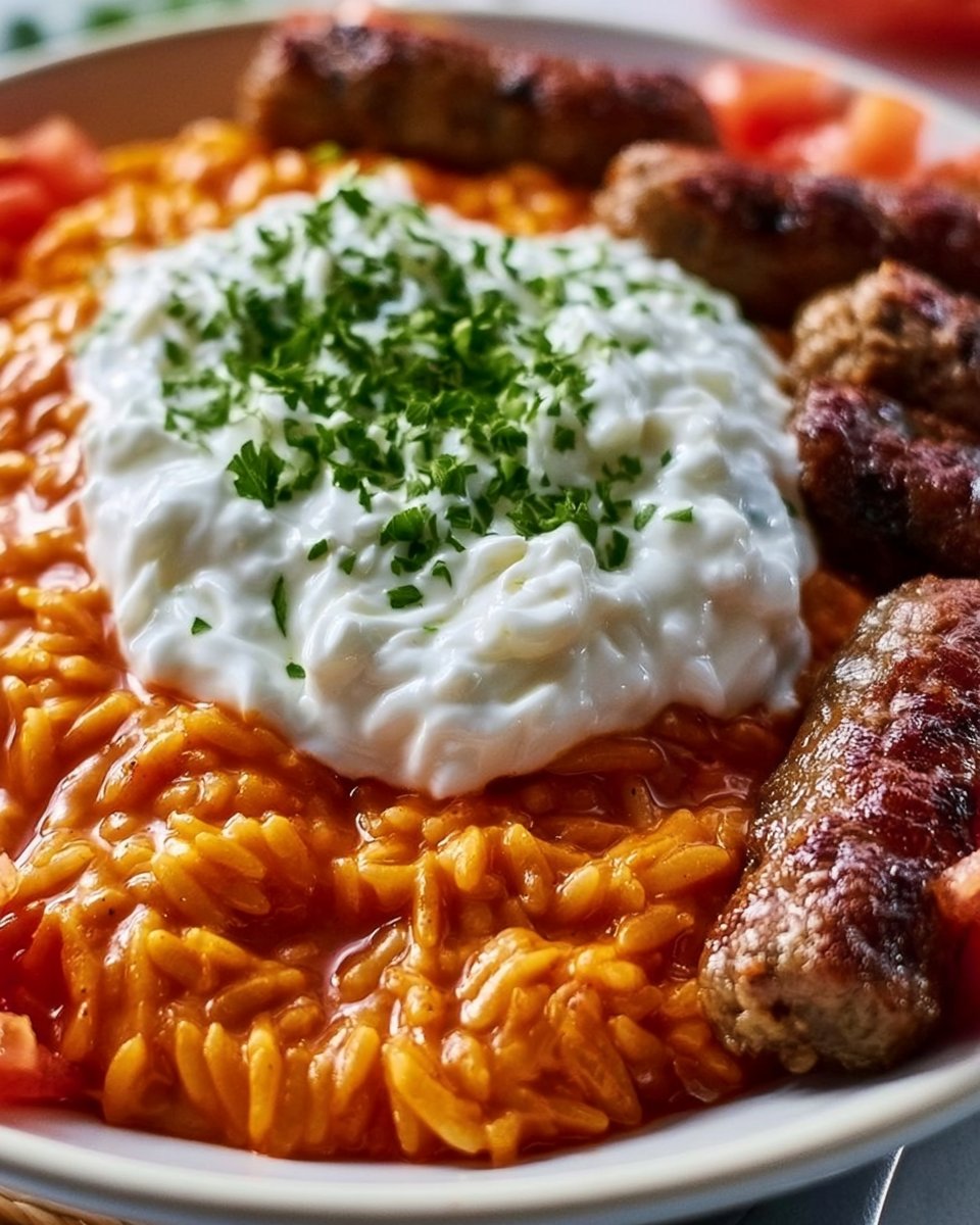 Vegane Cevapcici mit Tomaten-Kritharaki und Tzatziki