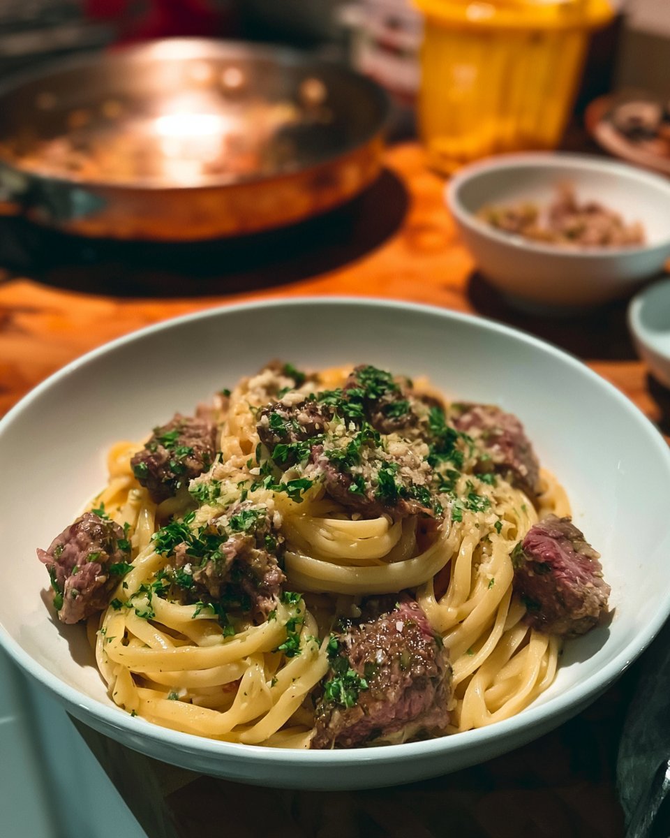 Garlic Parmesan Steak Pasta Recipe