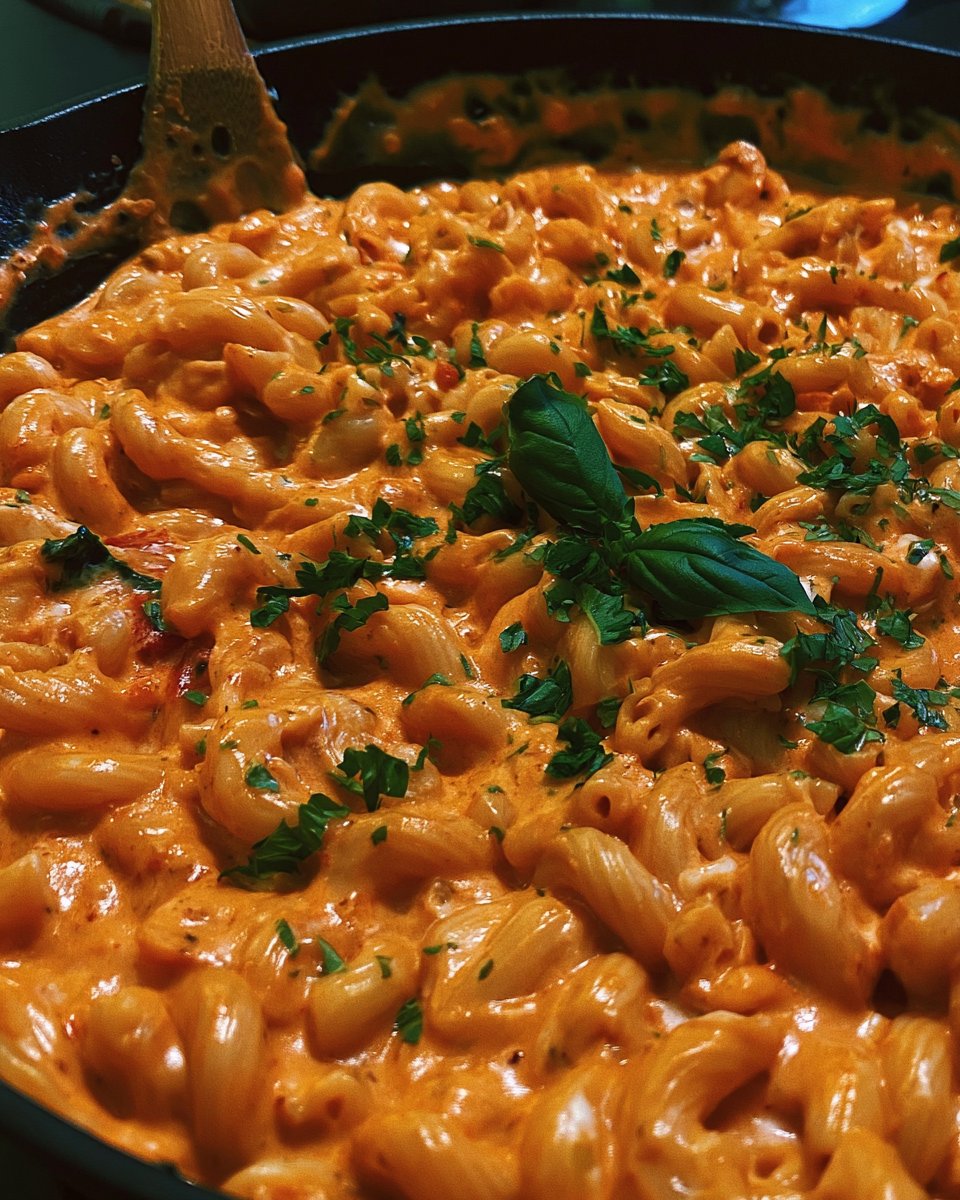 Creamy Cheesy Skillet Macaroni with Red Sauce and Cream Cheese