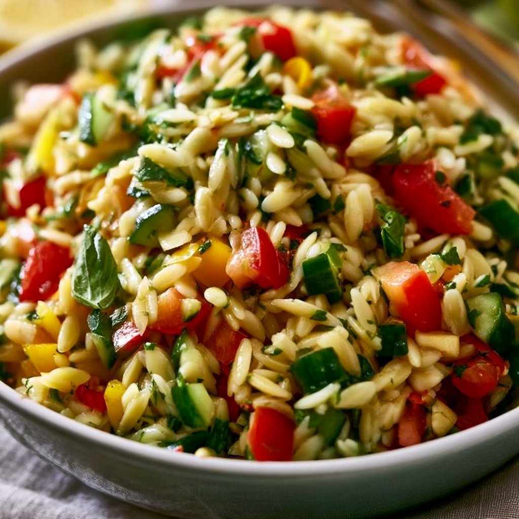 Frischer Orzo Salat mit Gurke, Paprika und Kräutern