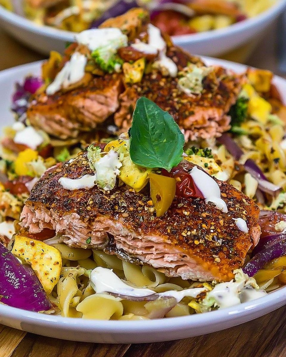 Blackened Salmon with Veggies and Pasta