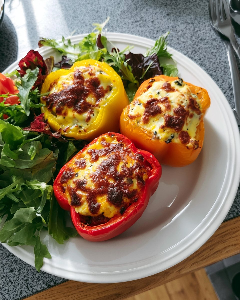 Gefüllte Feta-Paprika mit buntem Salat