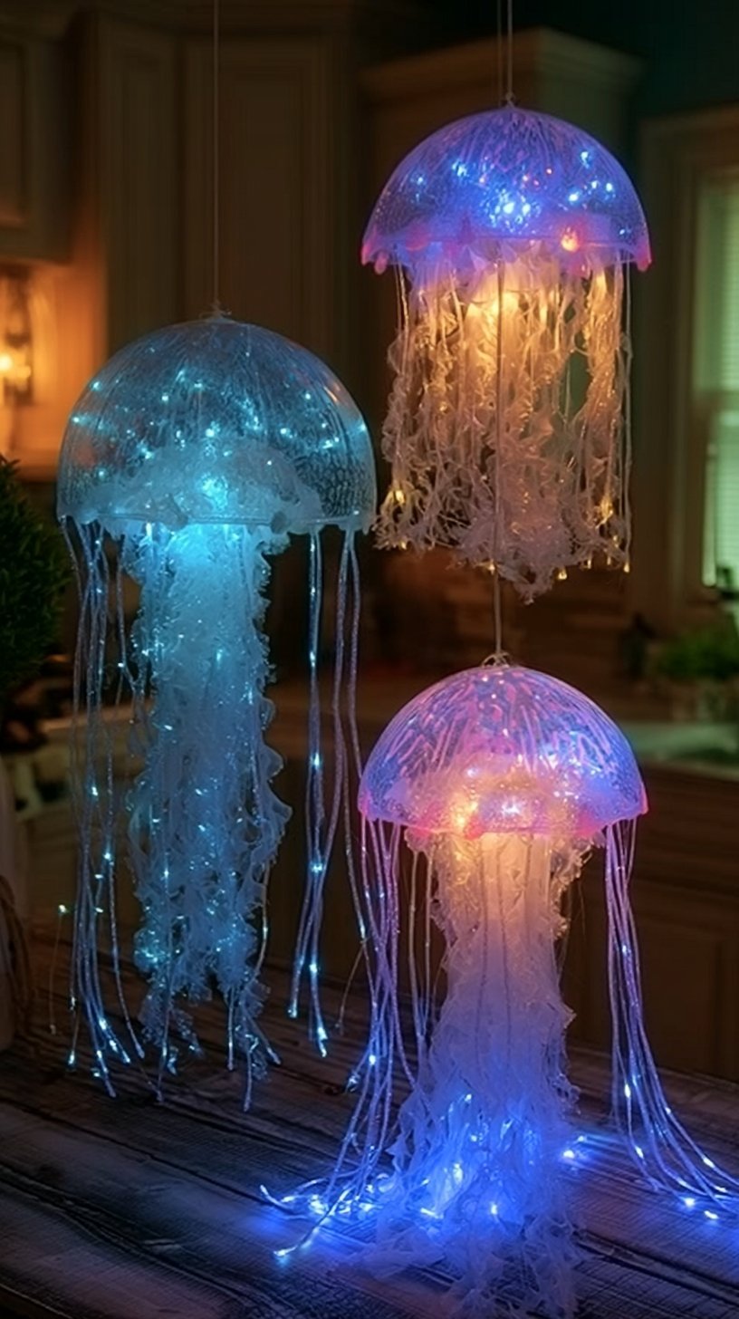 Home - DIY Glowing Jellyfish Lanterns Materials Main Body Clear Plastic Bowls, Ornaments, or Dome Lids Battery-Operated … | Glow in the Dark Party Theme, Under the Sea Birthday Party Decorations, Jellyfish Centerpiece