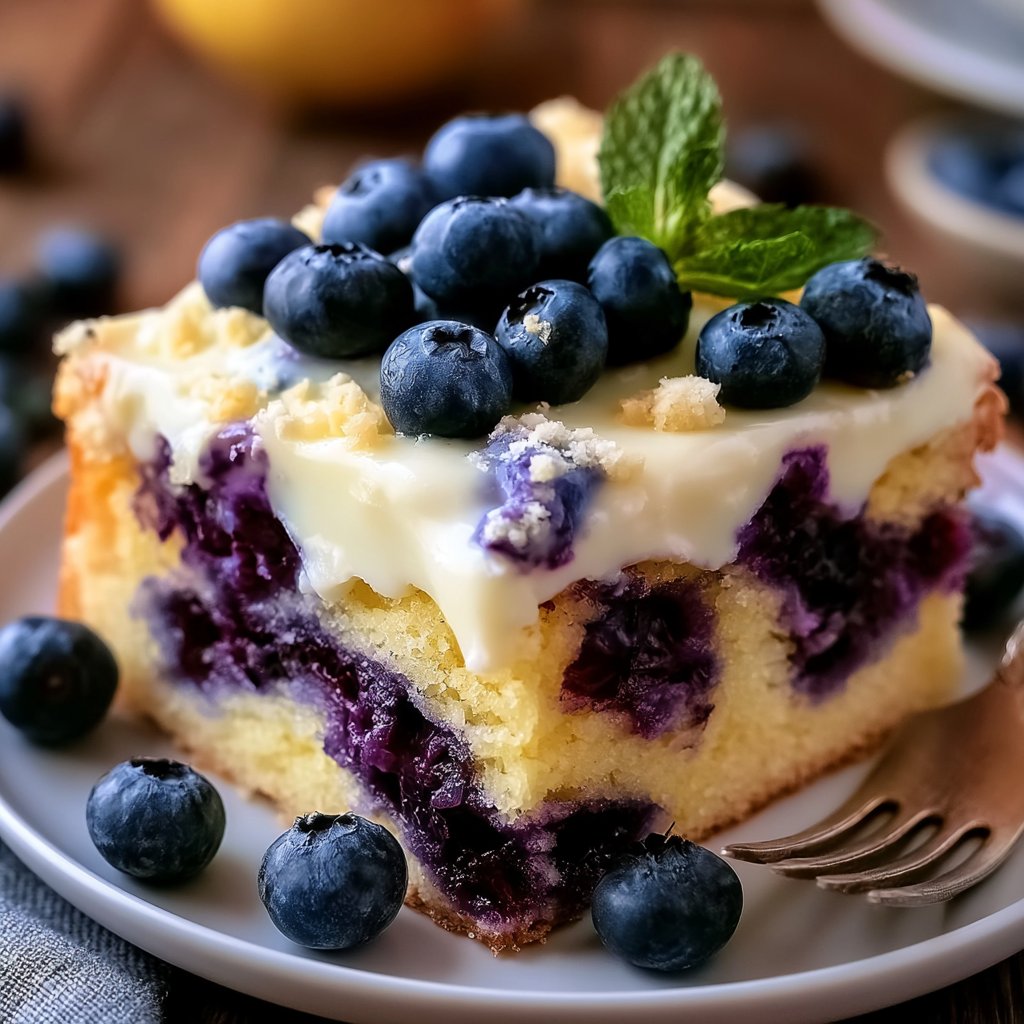 Zitronen-Blaubeer-Kuchen mit Cheesecake-Topping