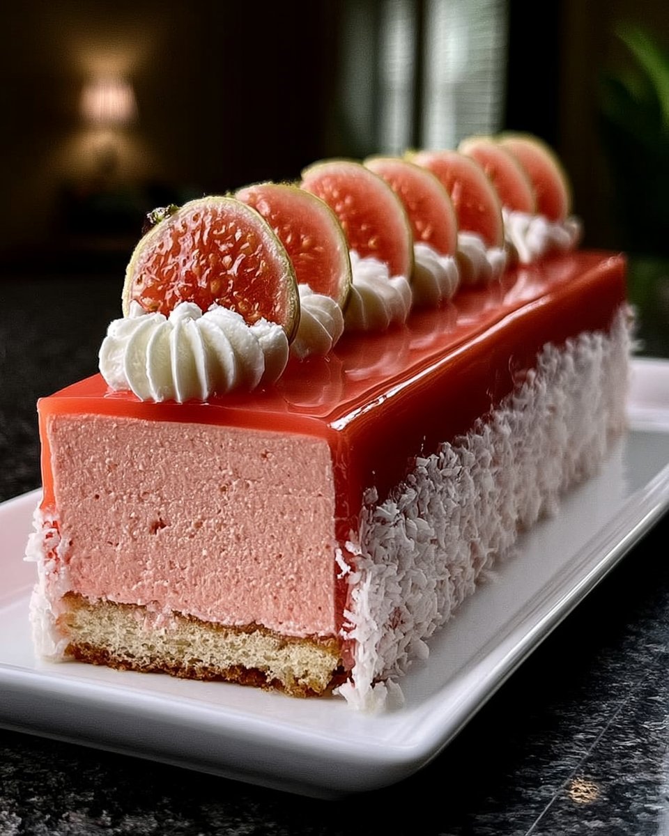 Tropical Pink Guava Coconut Mousse Slice with Glossy Guava Mirror Glaze (Full recipe in 💬)