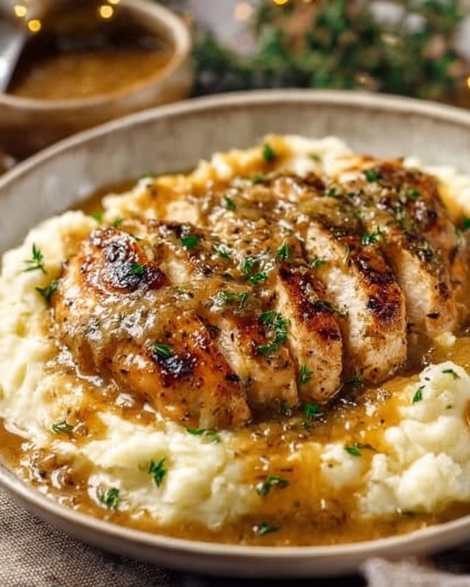 Chicken with Garlic Pan Gravy and Cheesy Mashed Potatoes