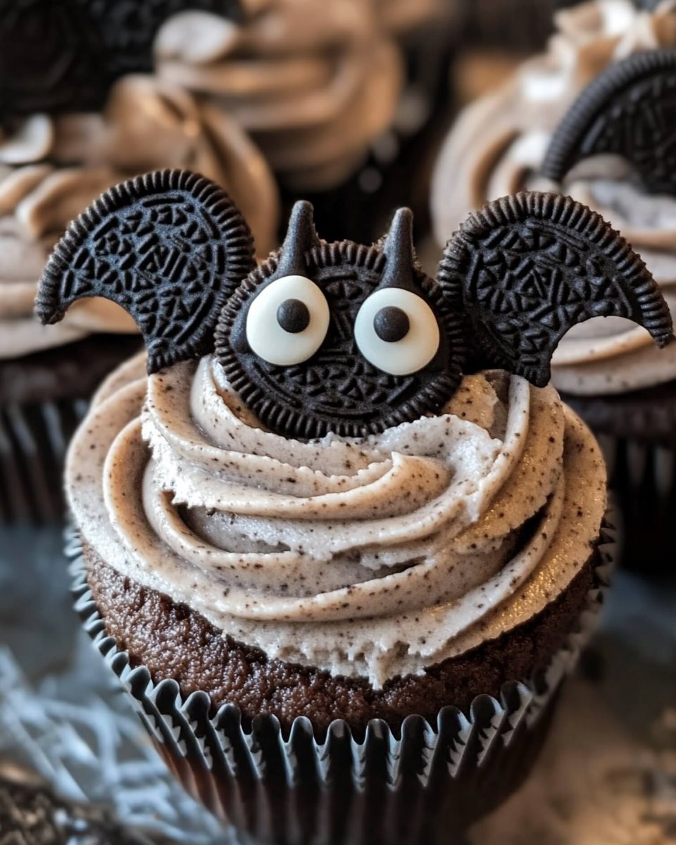 Halloween Bats Oreo Cupcakes with Cookies and Cream Frosting