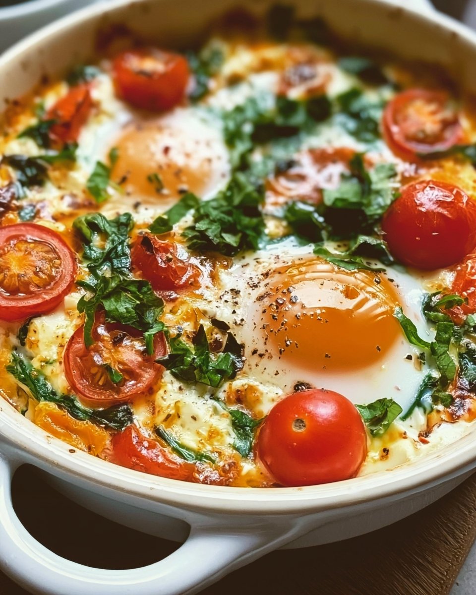 Tomato Spinach Feta Baked Eggs