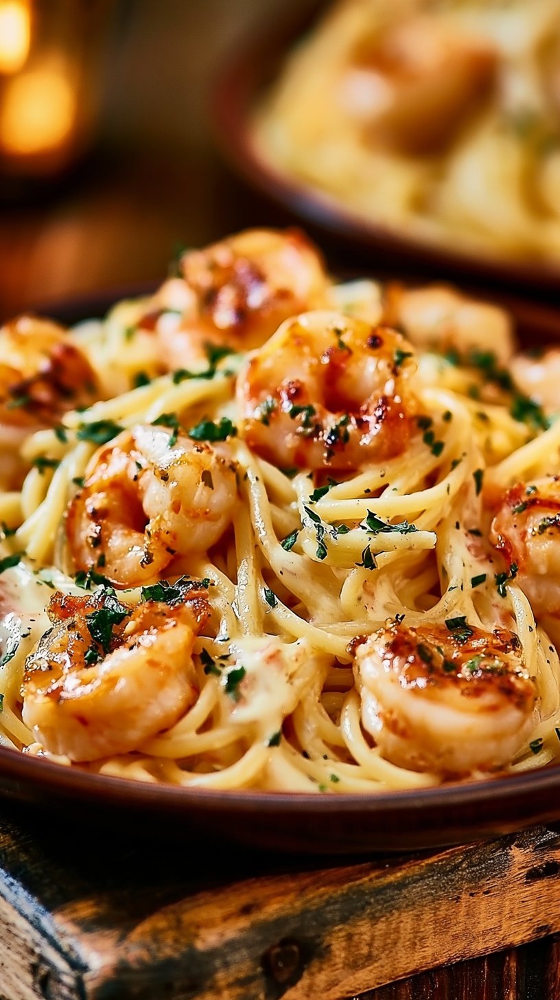 Delicious spaghetti with shrimp in a creamy cream cheese sauce