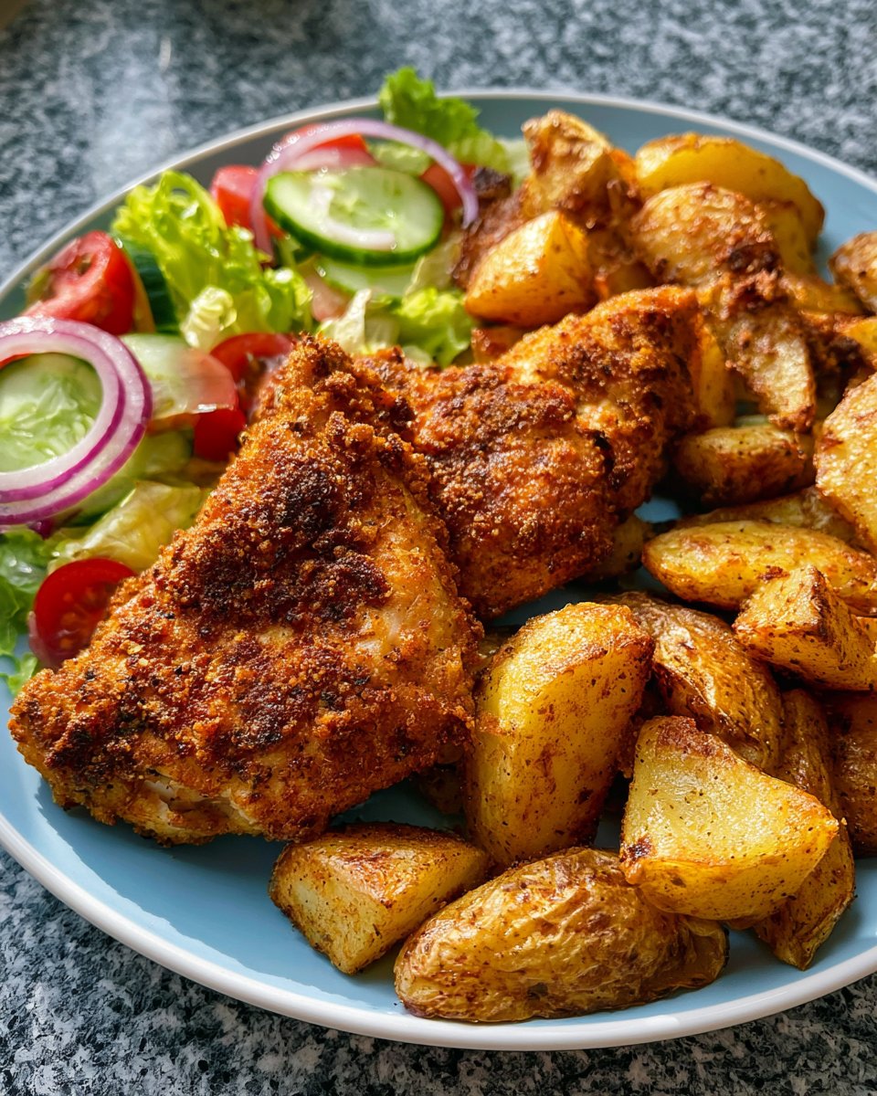 Crispy Fried Chicken with Roasted Potatoes & Garden Salad