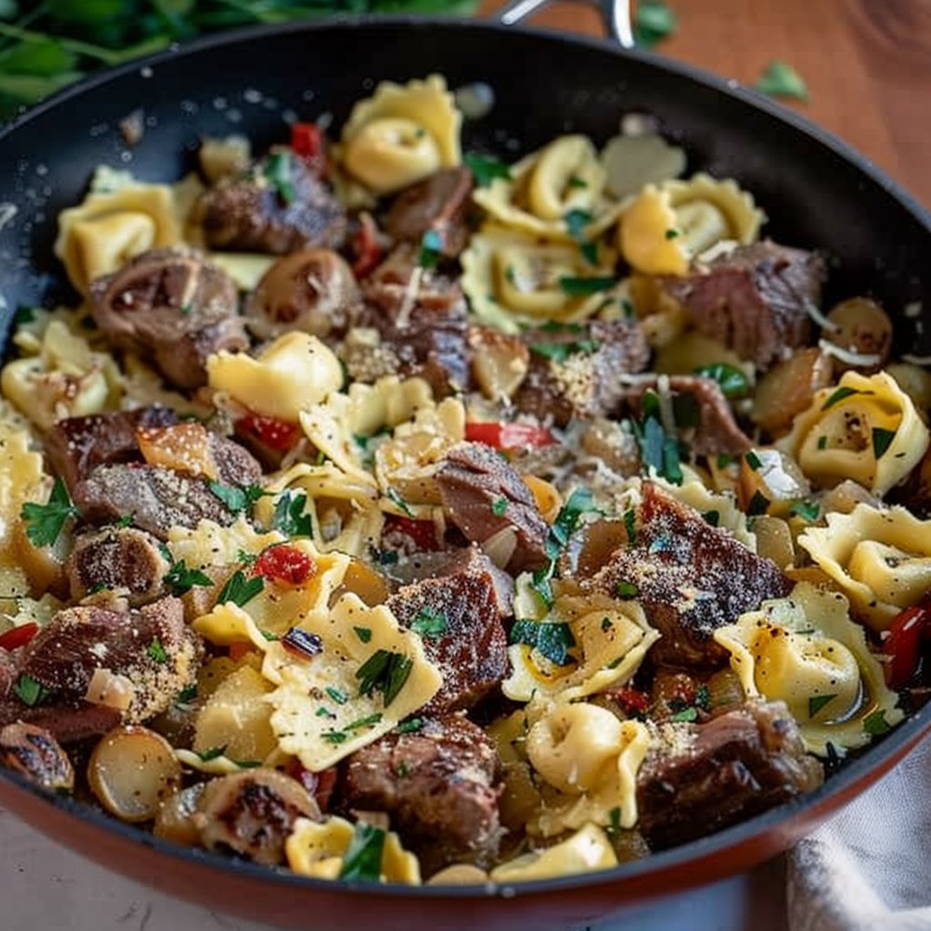 One Pot Garlic Parmesan Steak and Tortellini Skillet