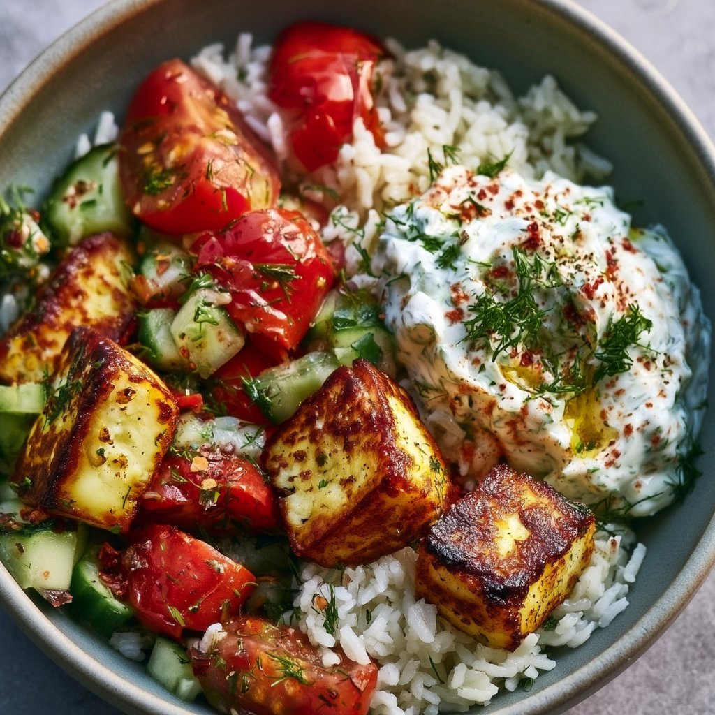 Halloumi-Schüssel mit Reis und Tzatziki