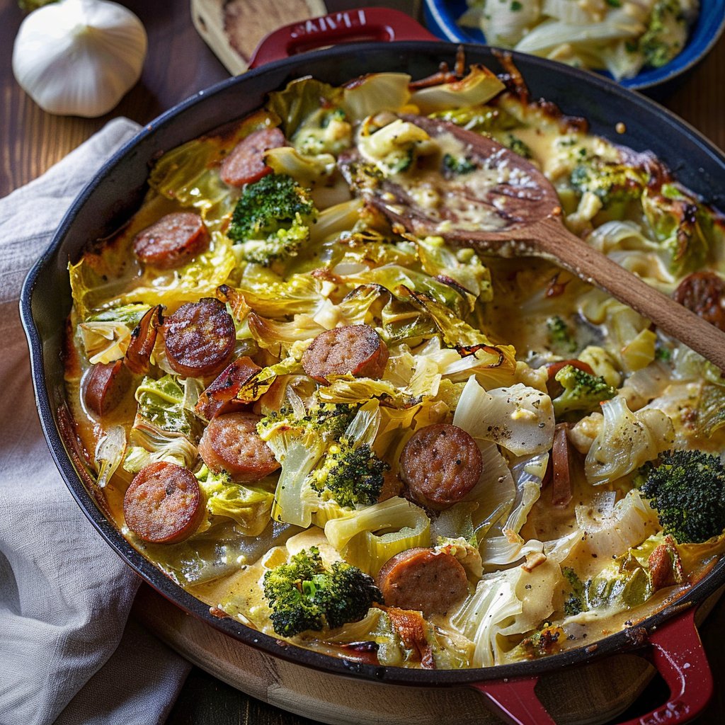 Cheesy Sausage Cabbage and Broccoli Bake
